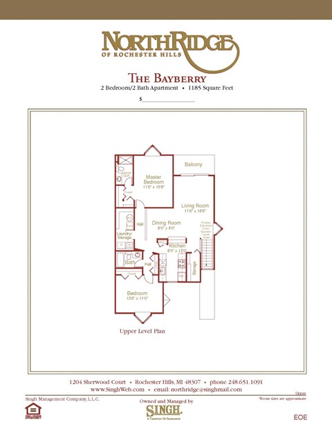 Bayberry Upper Floor Plan at Northridge, Rochester Hills, MI, 48307